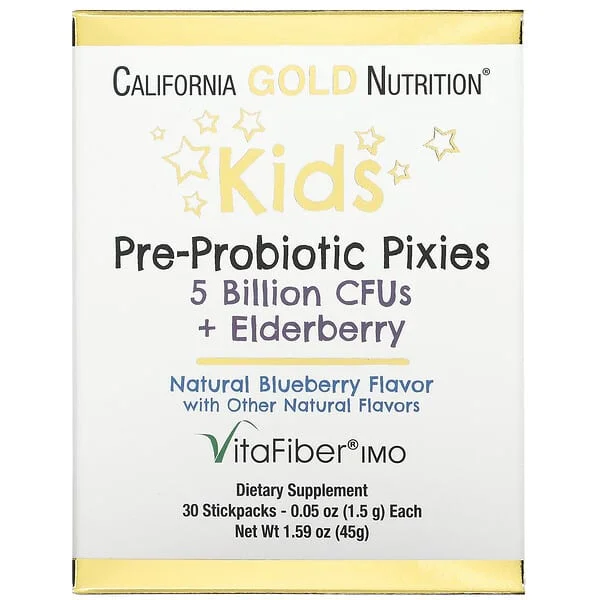California Gold Nutrition, Kids Pre-Probiotic Pixies, 5 Billion CFUs + Elderberry, Natural Blueberry Flavor, 30 Packets, 0.05 oz (1.5 g) Each