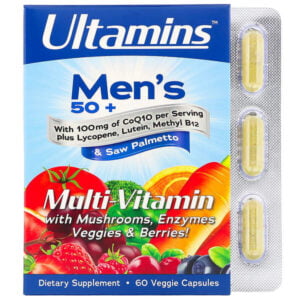 Ultamins, Men’s 50+ Multivitamin with CoQ10, Mushrooms, Enzymes, Veggies & Berries, 60 Veggie Capsules