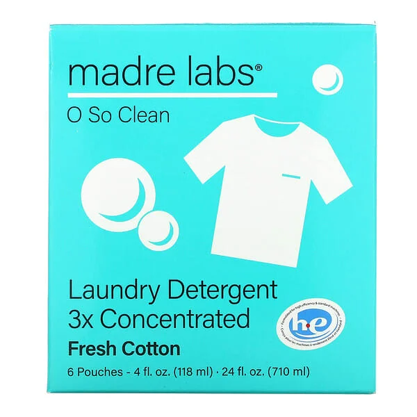 Madre Labs, Laundry Detergent, 3x Concentrate Refill, Fresh Cotton, 6 Pouches, 4 fl oz (118 ml) Each