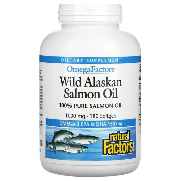 Natural Factors, OmegaFactors, Wild Alaskan Salmon Oil, 1,000 mg, 180 Softgels