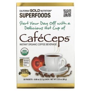 California Gold Nutrition, SUPERFOODS – CafeCeps, Organic Instant Coffee with Cordyceps and Reishi Mushroom, 30 Packets, 0.08 oz (2.2 g) Each