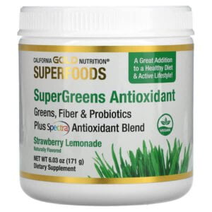 California Gold Nutrition, SUPERFOODS – SuperGreens Antioxidant, Greens, Fiber & Probiotics, Strawberry Lemonade, 6.03 oz (171 g)