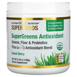 California Gold Nutrition, SUPERFOODS – Supergreens Antioxidant, Greens, Fiber & Probiotics, Sweet Berry, 6.34 oz (180 g)