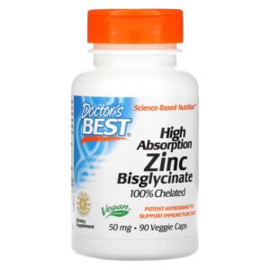Doctor’s Best, High Absorption Zinc Bisglycinate, 100% Chelated, 50 mg, 90 Veggie Caps